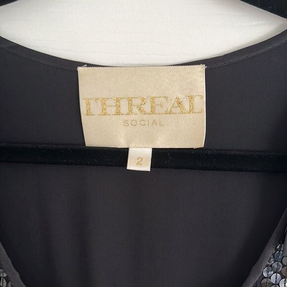 THREAL social 100% silk outgoing top black sequins bows Sz 2 - Picture 4 of 11